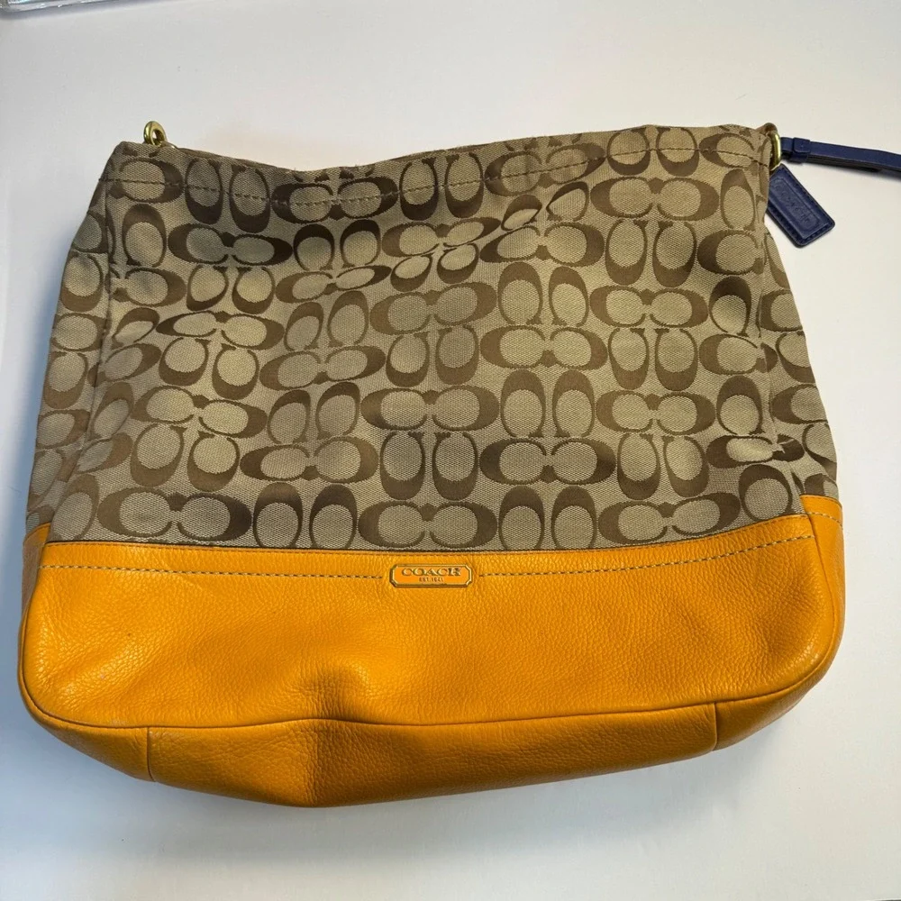 Coach Signature Canvas Hobo Bag Orange Leather Trim Khaki F23279